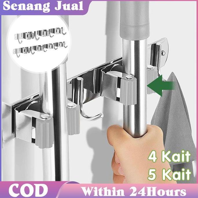 KATERINABLU Tempat Gantungan Sapu 4 Slot 5 Kait Penjepit Gantungan Sapu Gantungan Sapu Dan Pel Stain