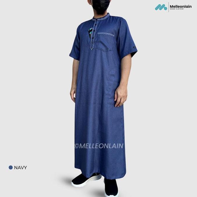 Gamis Pria Jubah Madinah Bordir Lengan Pendek Katun Kerah Shanghai Casual Melleonlain Muslim Dewasa