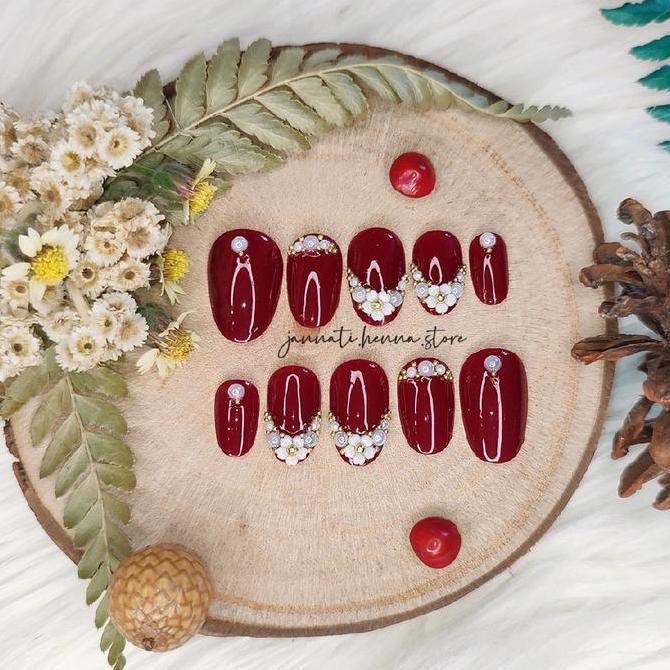 NAIL ART WEDDING MERAH GOLD KUKU PALSU PENGANTIN NAIL ART 3D WEDDING