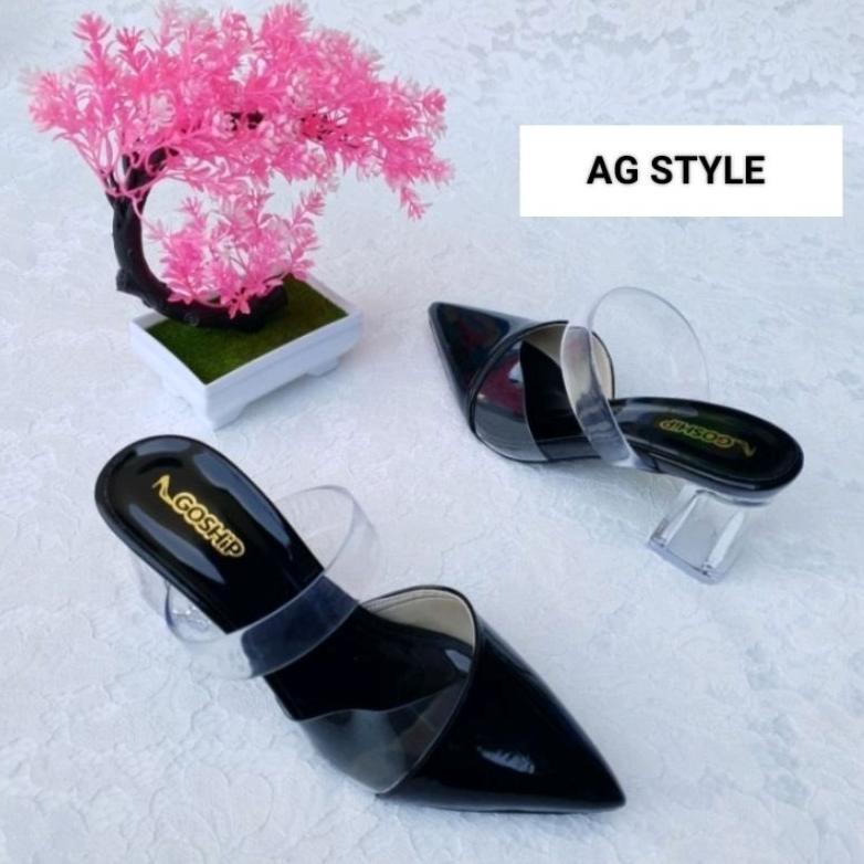 Sandal Wanita Hak Kaca 7 Cm Selop Transparan Jelly