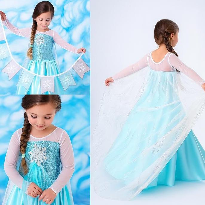Kostum Elsa Lengan Panjang/ Baju Elsa Lengan Putih Gaun Birthday Girl Anak Fashion Perempuan Aksesor