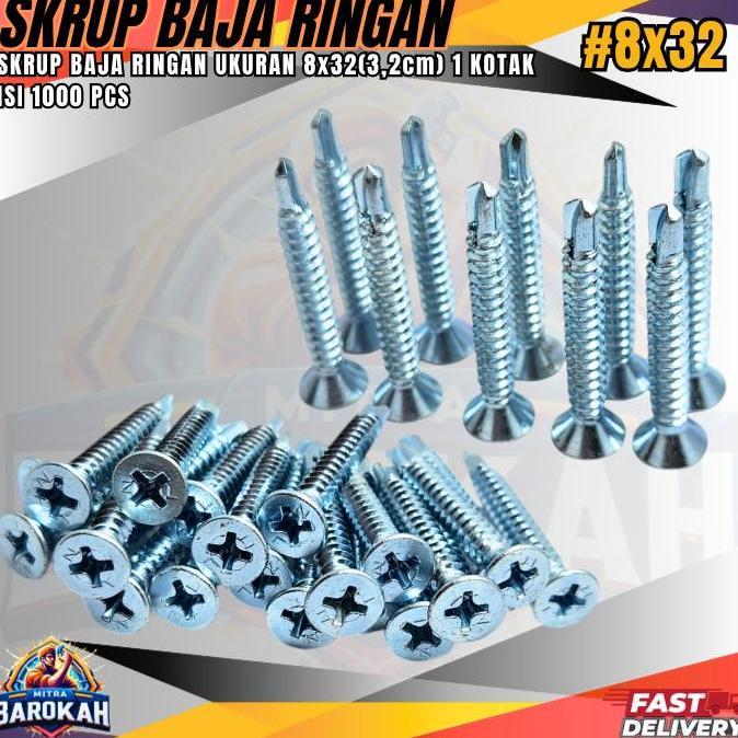 Promo Skrup Baja Ringan Ukuran 3.2Cm #8X32 Kemasan 1Dus Isi 1000Pcs Skrup Roofing Super Tajam Dan Ku