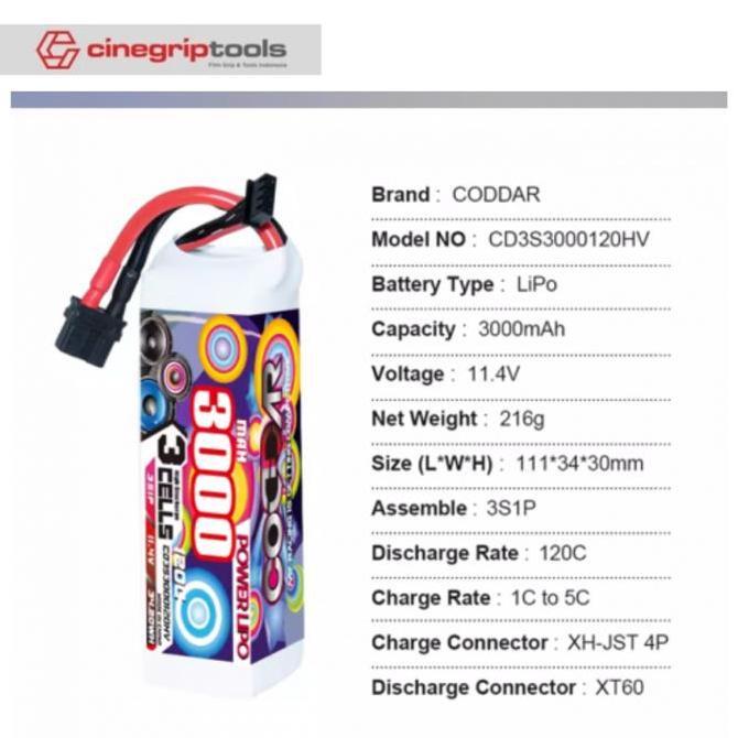 BEBAS ONGKIR - CODDAR LiHV 3S 3000MAH 11.4V 120C LiPo Battery XT60 - CD3S3000120HV