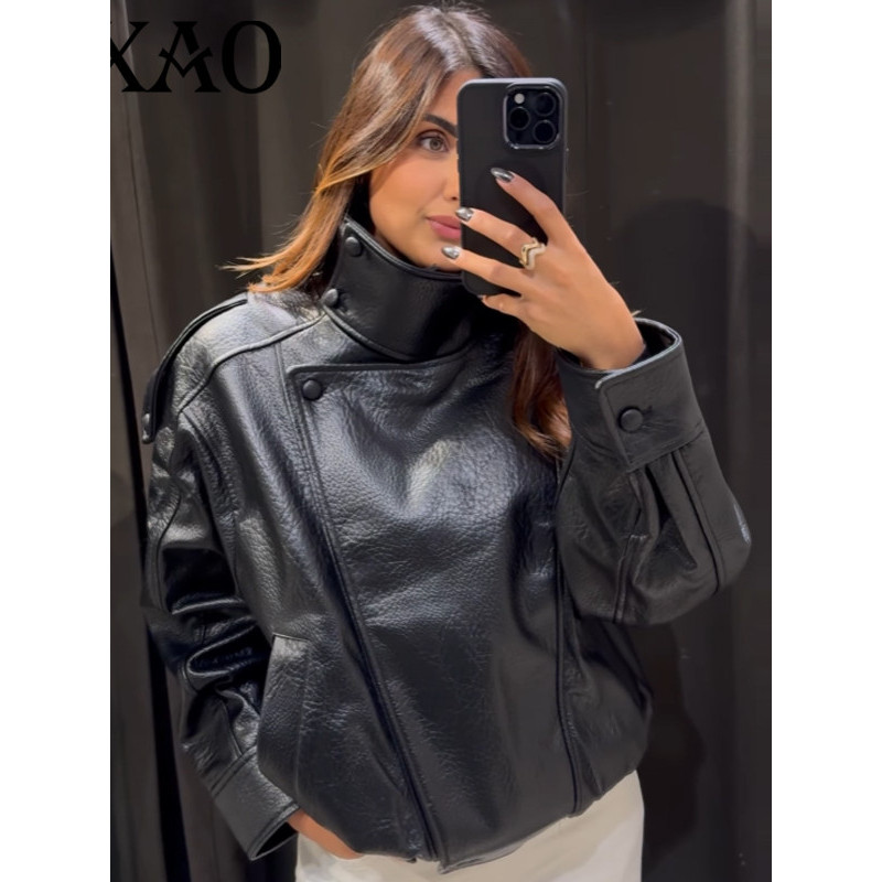 HXAO Faux Leather Black Jackets For Woman New Arrival Cropped Oversize Bomber Jacket Zip-Up Long Sle