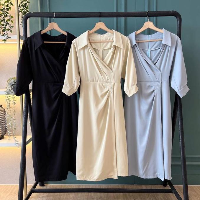 Oritatami- D1507 Choshi Vintage Midi Dress Simple Polos Casual Formal Kantor