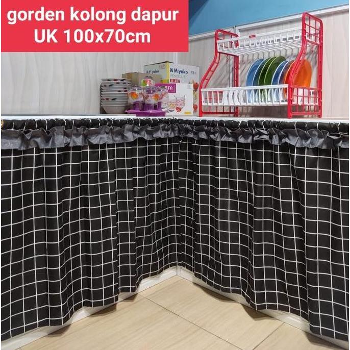 Tirai Kolong Meja Dapur Kain Katun Kotak-Kotak Hitam Allshop