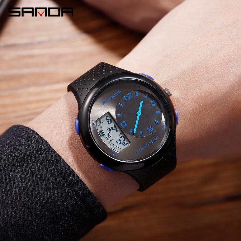 OFFICIAL SANDA 763 Jam Tangan Pria Digital Analog Tali Rubber Chronograph Anti Air