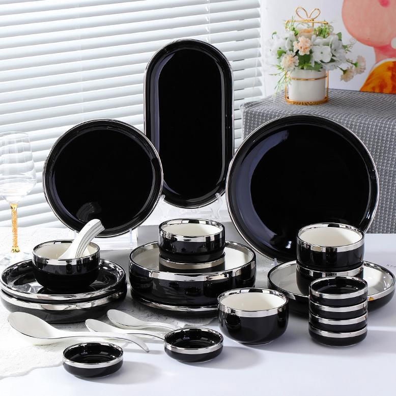 Piring Makan Keramik Hitam Silver / Piring Hitam Keramik List Silver / Mangkuk Keramik Hitam silver 