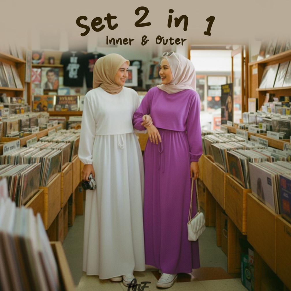 TRENDING SEKARANG Gamis Polos Set 2 in 1 Inner dan Outer | Gamis Crinkle Busui | Gamis Remaja Dewasa