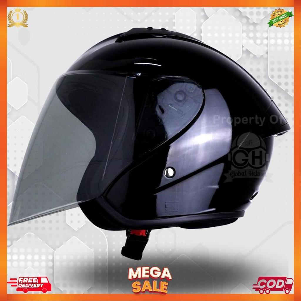 Helm Gm G1 Solid Black Glossy Half Face Single Visor Sni Ori [H2]