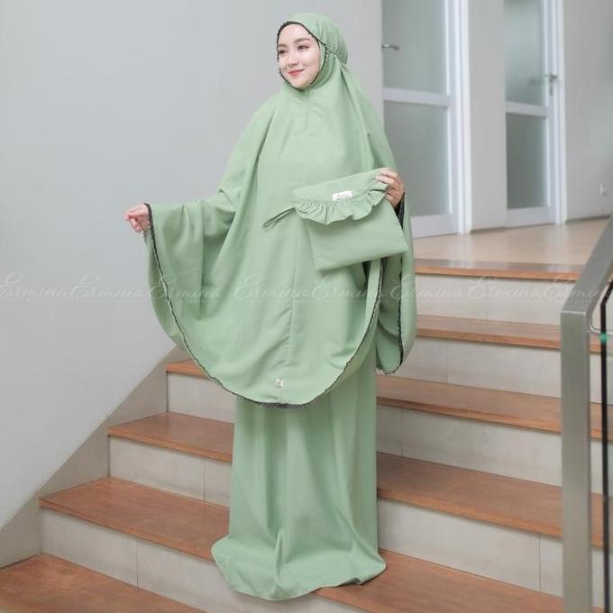 Mukena Katun Ermina 2in1 Jumbo Dewasa Traveling Polos Renda Cantik