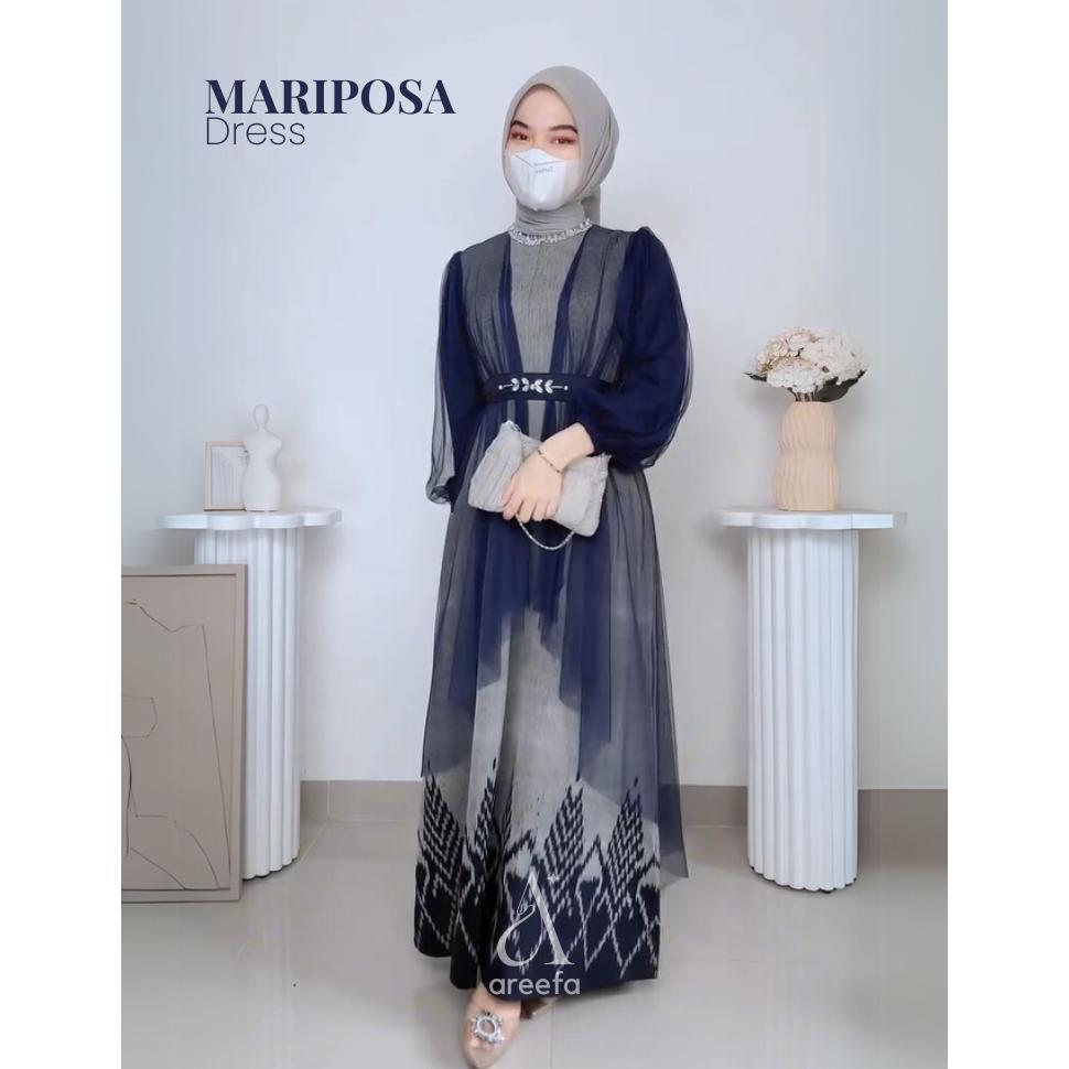 NEW Areefa - Gamis Dress Tenun Etnik Kombinasi Tile Premium Wanita Remaja Pesta Mewah Elegan Abu Nav