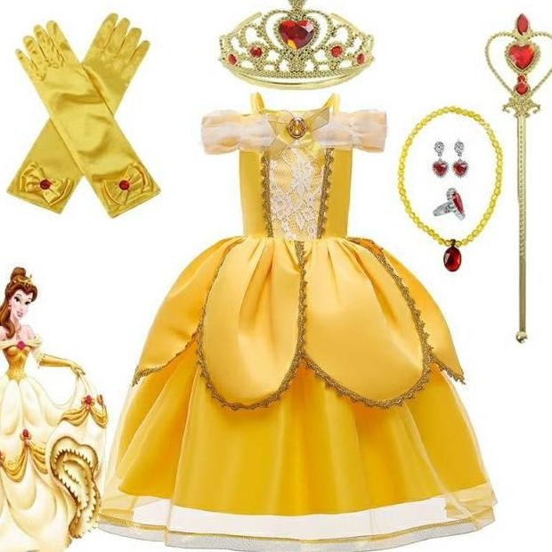 Dress princess Belle set lengkap aksesoris Belle kostum anak baju