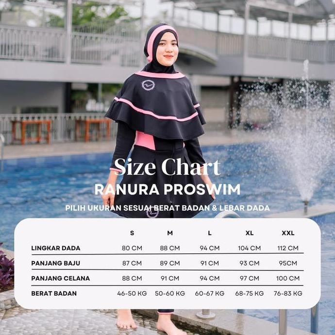 Baju Renang Pelampung Wanita Muslimah Ranura Proswim Hijab Dewasa Panjang Syari Black Pink Busa Zipp
