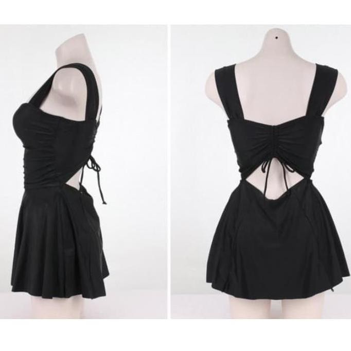Promo Jeslin Black Swimdress One Piece + Celana Boxer Pants / Korean Swimwear / Beachwear Bali / Baj