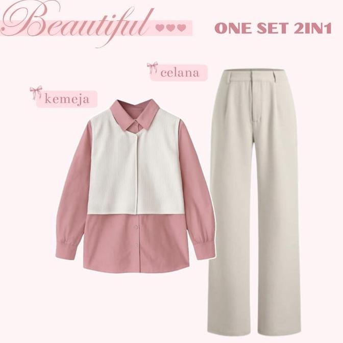 Promo Setelan 3In1 Remaja Kekinian | Kemeja Rompi + Celana Kulot + Hijab | Outfit One Set Keren - Am