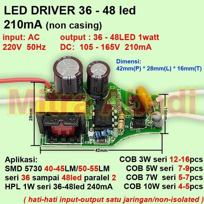 LED Driver 36-48x1 Watt 210 mA (NO IC) AC-DC Tanpa Casing