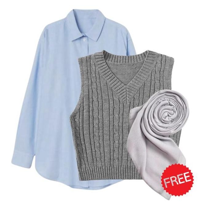 Promo Setelan Outfit Yearbook American Style (Kemeja Basic Biru, Rok Rempel Abu, Vest Rajut Cable) -