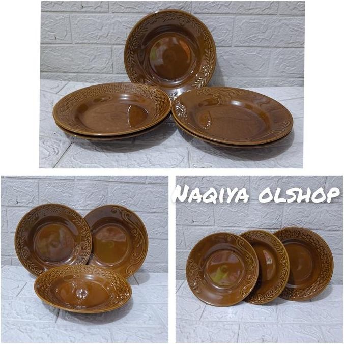 12pcs piring makan keramik/Piring coklat motif