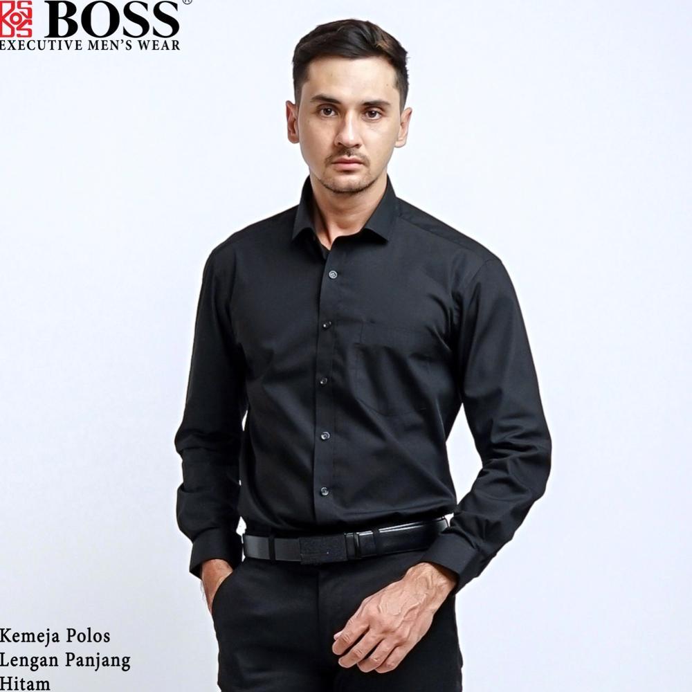 Kekinian - BOSS Kemeja Polos Pria Lengan Panjang Hitam .,