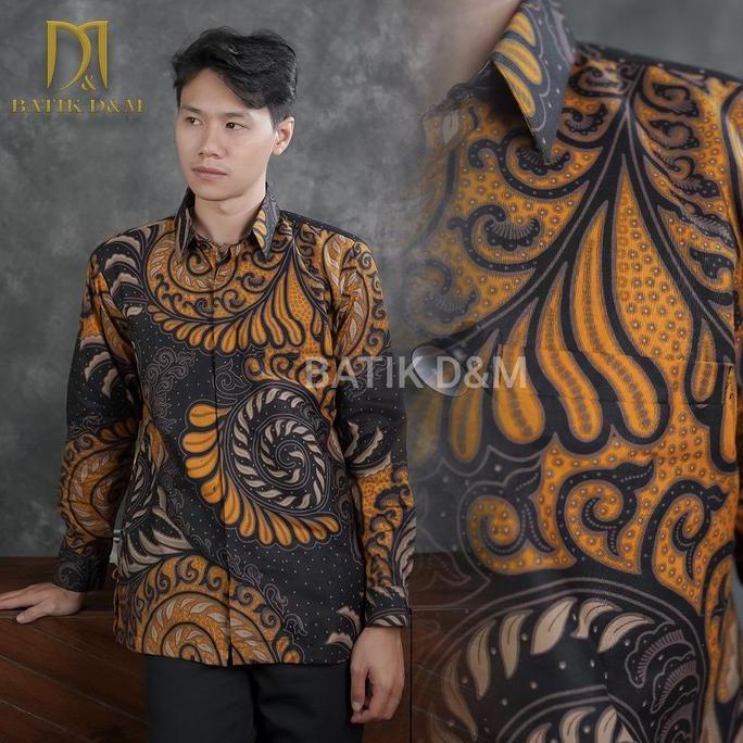 DI123 >> Baju kemeja batik pria lengan panjang bahan katun sudah di lapisi furing Hitam kuning Motif