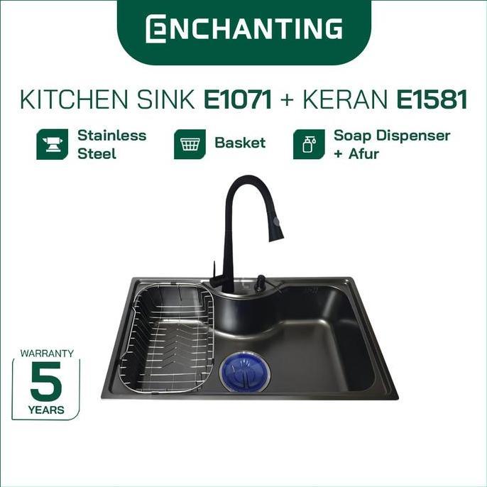 ENCHANTING Kitchen Sink Stainless Steel SS 304 1 Bowl Black 79x49 | Bak Wastafel Cuci Piring Dapur T