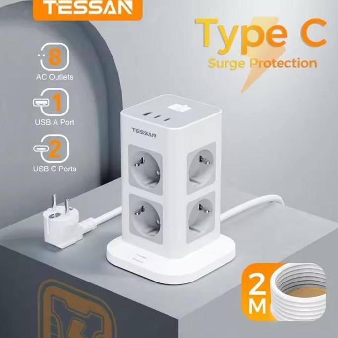 KIATO- TESSAN TS-TPS03-DE-2C-GR Stop Kontak Soket Multi Outlets Power Strip 8 Lubang Outlet EU Colok