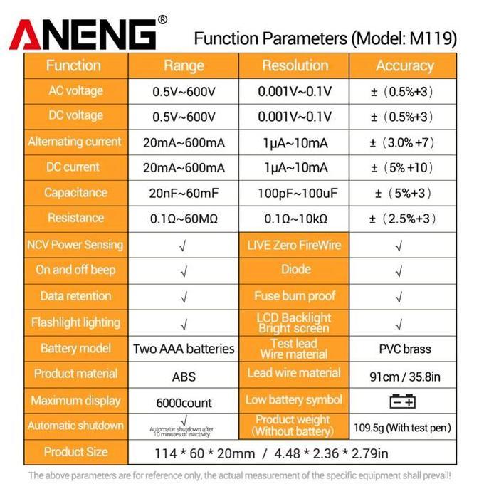 Aneng Digital Multimeter Multitester Voltage Tester With Ncv Sensing - M119