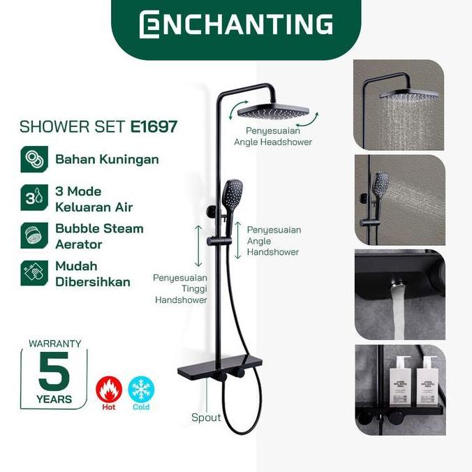 ENCHANTING Shower Set Brass Kuningan Keran Mandi 3 Mode Fungsi Black Design | Shower Tiang Kamar Man