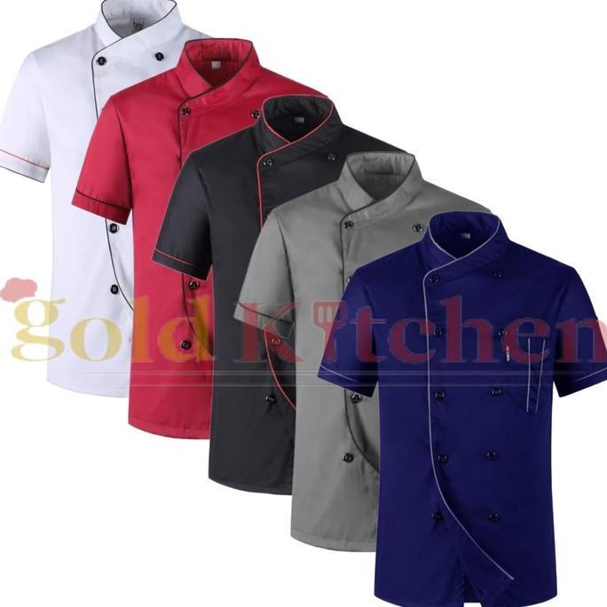 Baju Chef Baju Koki Chef Jacket Seragam Kerja Lengan Pendek Model Mandarin Seragam Bordir Abu Hitam 