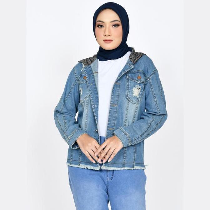 Jaket Jeans Wanita Hoodie Jumbo Outer Jins Lezahrasignature fit XXL