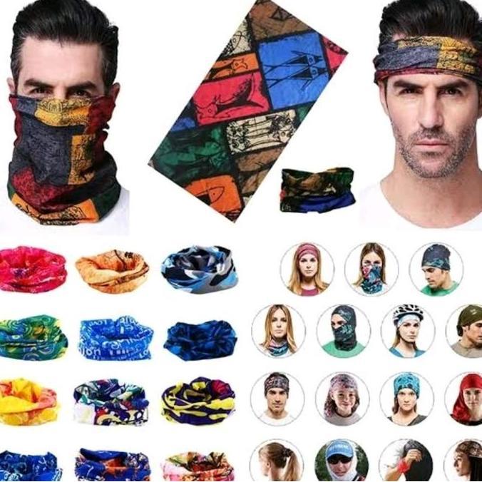 DF339>> Paket 6 Pcs Masker Kain Buff Bandana Multifungsi Kupluk Motif dan Polos Hitam Cewek Cowok