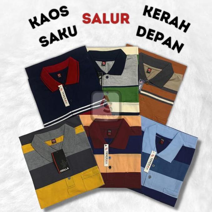 DA16 }} Kaos Salur Berkerah Saku Depan Pria Dewasa Polo Shirt Stripe Pocket