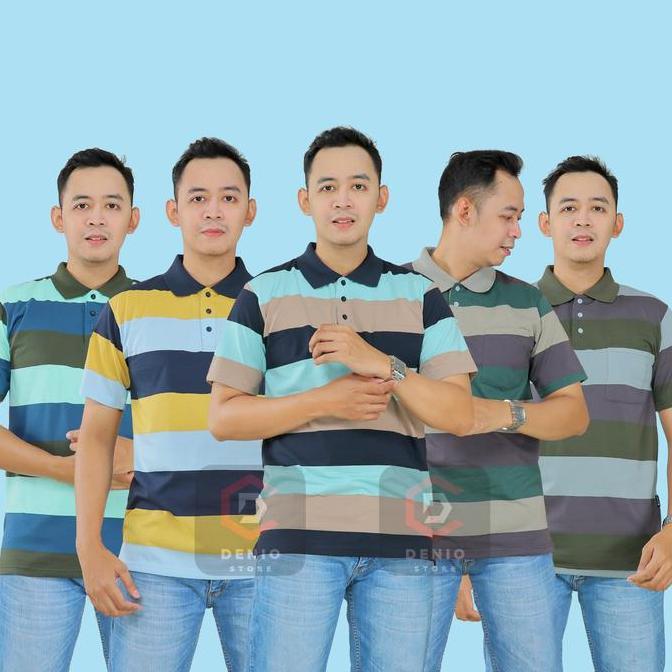 DY59 - Kaos Kerah Salur Pria Dewasa Bapak Paket Hemat 3pcs | Kaus Krah Saku Depan Motif Garis Cowok 