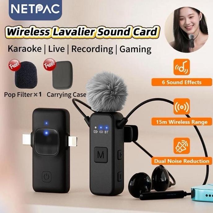 NETPAC K3 Mic Lavalier Wireless | Mic Jepit Bluetooth Soundcard | untuk HP Gaming Live Stream Vlog |