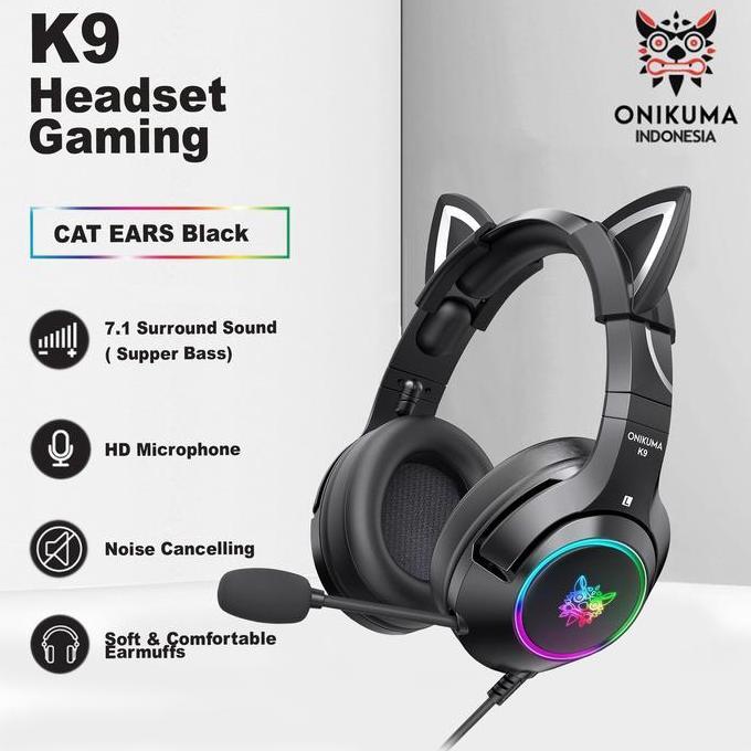 ONIKUMA K9 Headset Gaming Elite Stereo 50mm Bass dengan Karakter Kucing Hitam Garansi 24 Bulan & Blu