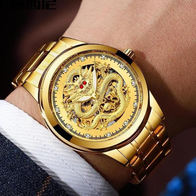 DB81>> [BAYAR DIRUMAH] Jam Tangan Pria Import Full Diamond Desain Naga Motif Timbul 3D Rantai Stainl