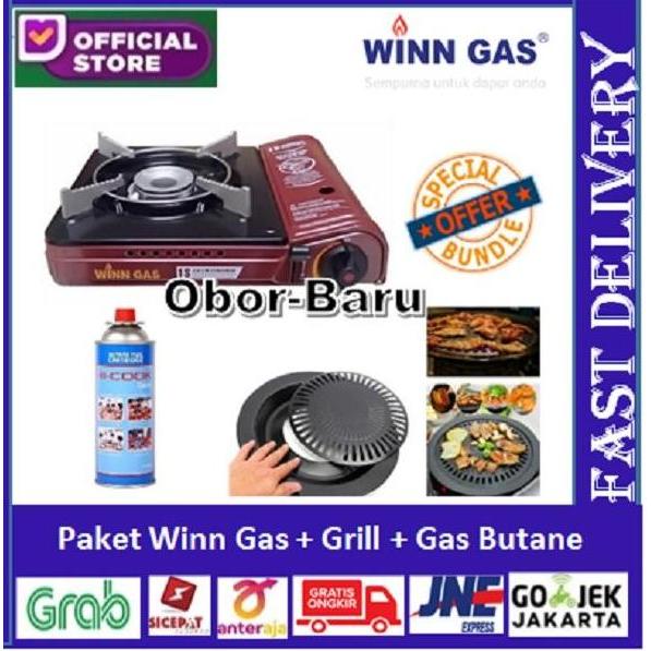 Paket Kompor Gas Portable Winn Gas + Gas Butane Kaleng + Grill Pan