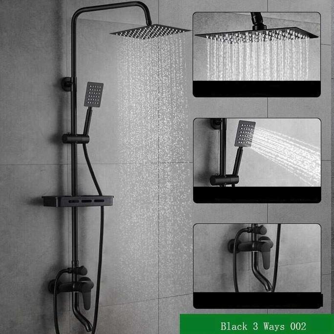 Shower Mandi 3 Way Set Shower Minimalis Tembaga Hitam dengan Kepala Shower Ganda & Keran Air (Hitam)