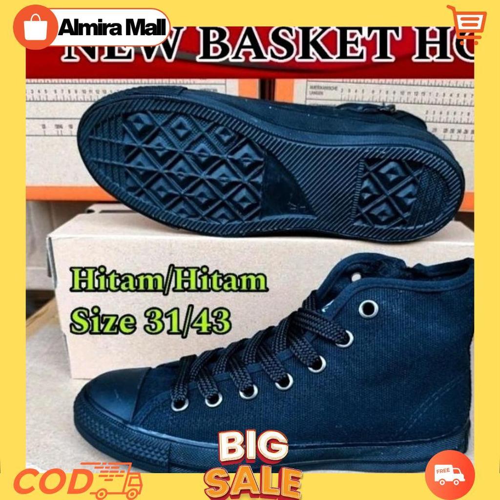 SEPATU SEKOLAH KERJA KULIAH PRIA WANITA HITAM POLOS NEW BASKET HC TINGGI TALI SIZE 31 SD 42 ORIGINAL
