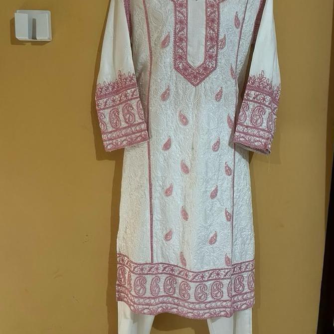Promo Laqueens one set kurta India chikankari putih pink Pakistan bordir setelan wanita remaja dewas