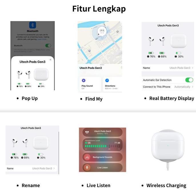 Utech TWS Pods Gen3 Earphone Bluetooth headset Bluetooth Super Bass with Wireless Charging Case Head