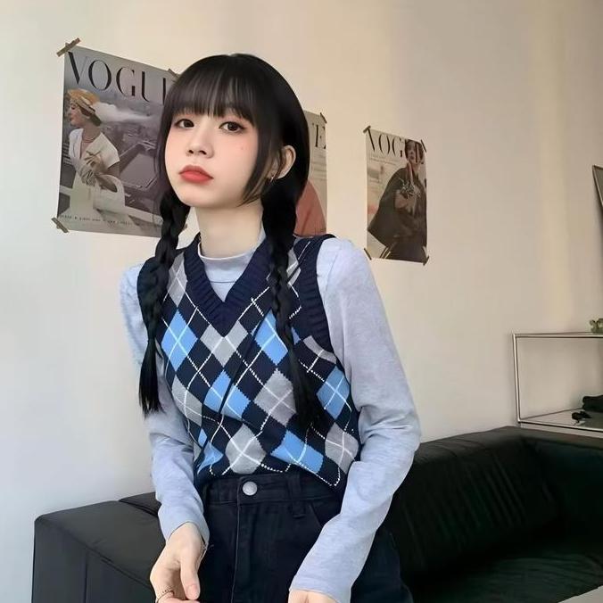 Promo Rompi Sweter Wanita Kotak-kotak Dipotong Pakaian Wanita Rajut Kerah V Santai Semua Cocok Siswa