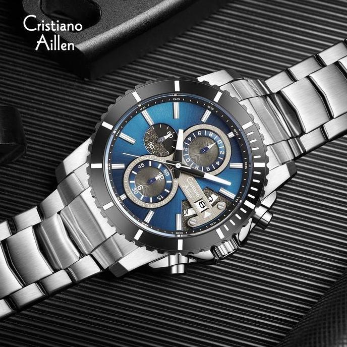 Promo Buy 1 Get 1  Cristiano Aillen Jam Tangan Pria Analog 8898 Rantai Stainless Steel Chronograph K