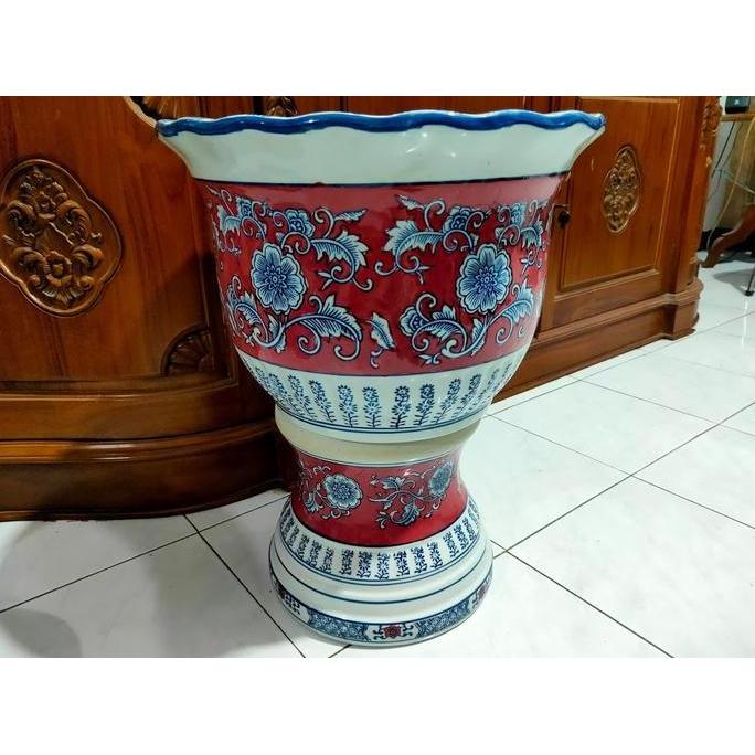 Terlaris Pot Bunga Kaki Keramik Antik Cina Motif Red White