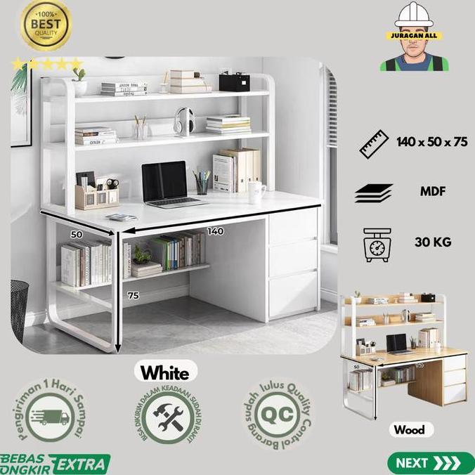 MEJA KERJA MINIMALIS/MEJA KANTOR LACI/MEJA BELAJAR/MEJA KOMPUTER 140CM + RAK ATAS - PUTIH [terbaik]