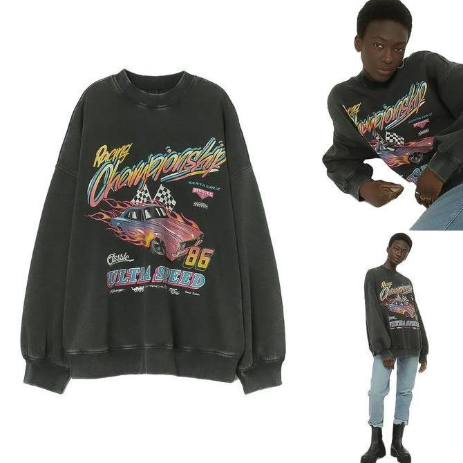 Crewneck Championship Black Wash Dark Grey Sweater Oversize Washed Wanita Flecee Katun Tebal MS