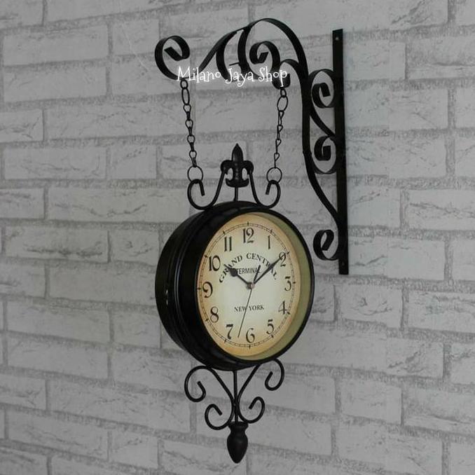Jam Gantung Dua Sisi Double Side Shabby Wall Clock Hiasan Vintage PL