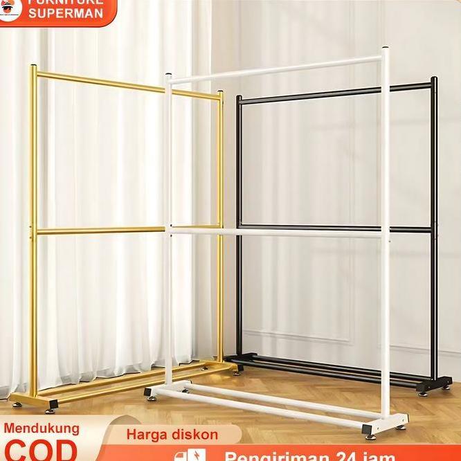 Rak Baju Gantung Besi 2 Tingkat Gantungan Baju Berdiri Besi Gawangan Baju Besi 150X200Cm