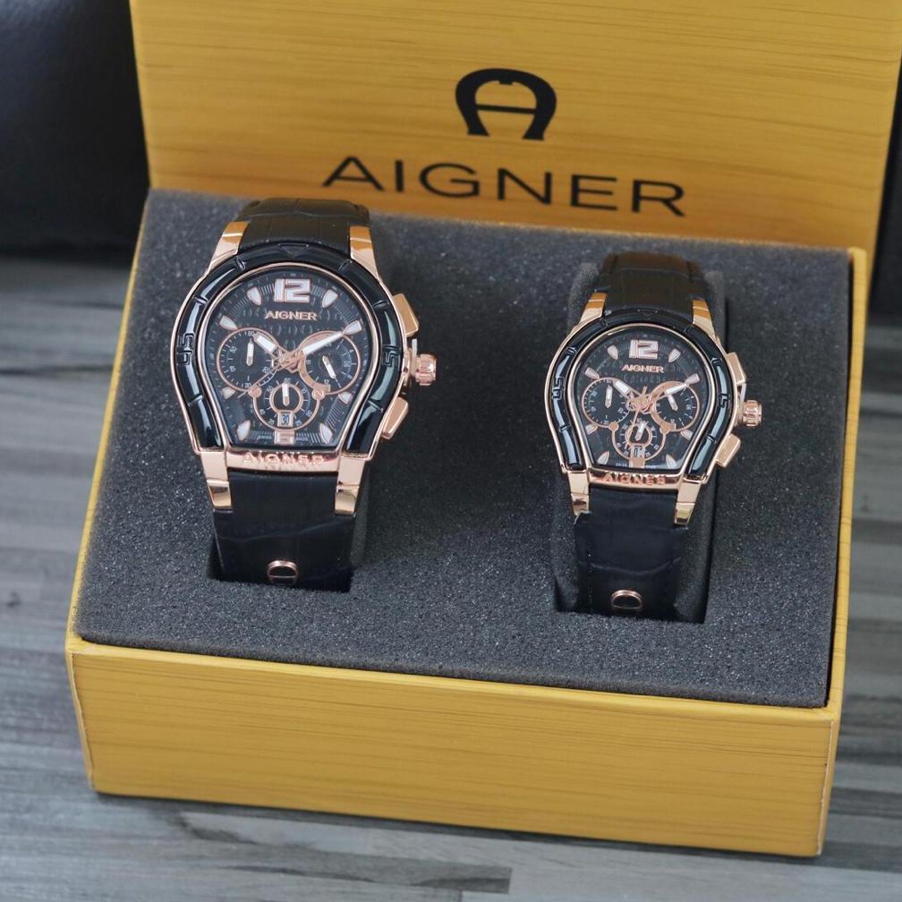 ( BISA COD ) Jam Tangan Couple AIGNER Kulit Chrono Tanggal aktif Strap Leather Include BOX Original 